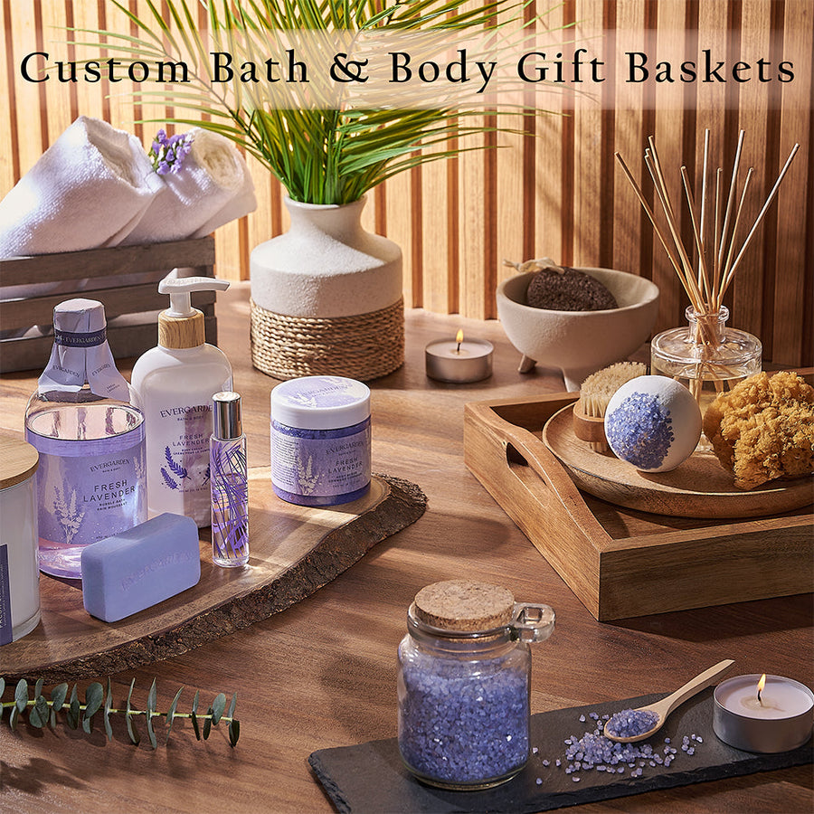 Custom Bath and Body Gift Baskets. Create a tailored gift filled with their favorite spa items, delicious treats, and optional bottles of wine or champagne - Rhode Island Baskets