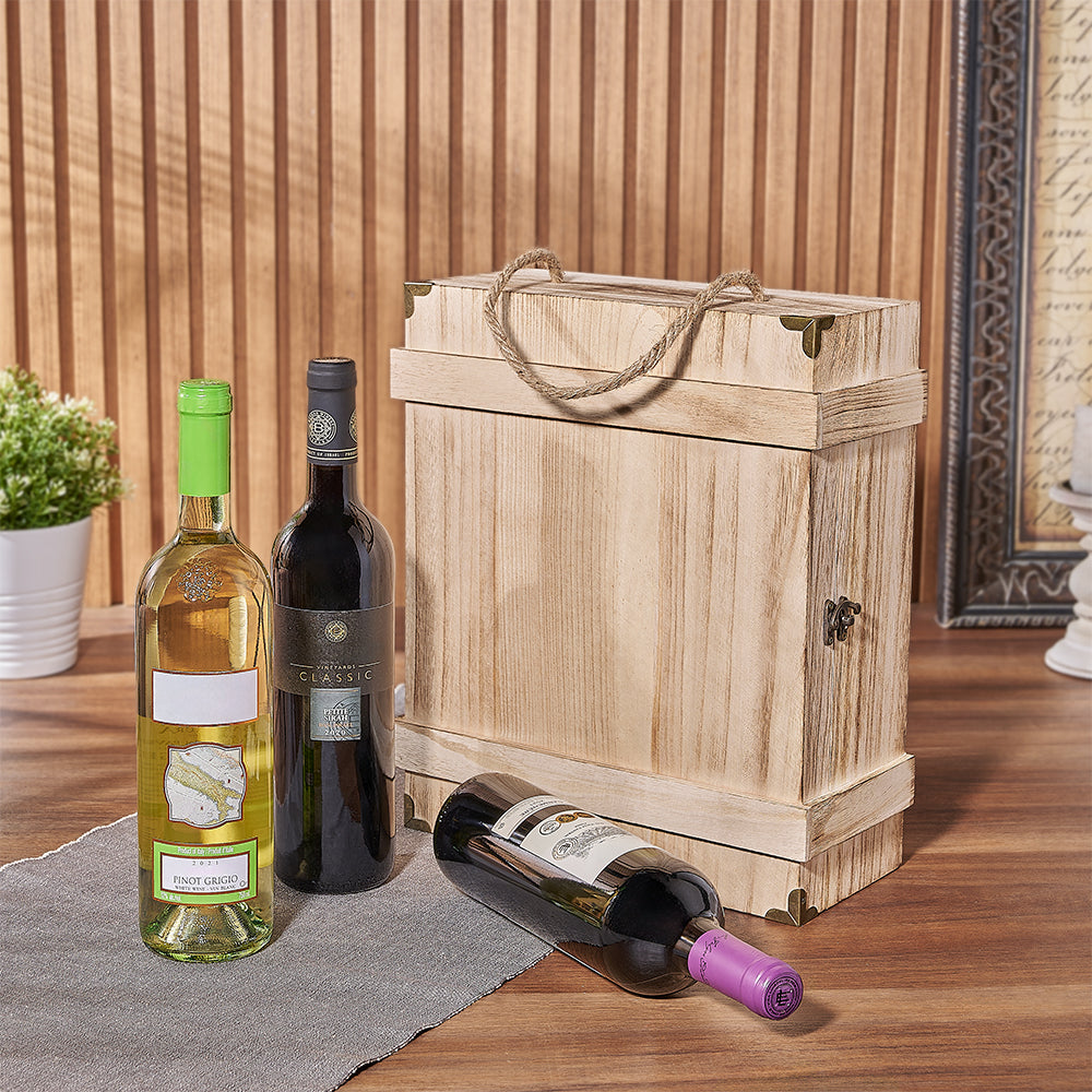 Kosher Wine Trio in a Rustic Wooden Box Gift Basket – how the gift is presented