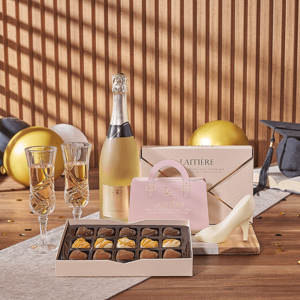 Graduation Sparkling Wine and White Chocolate Heels Gift Basket – how the gift is presented