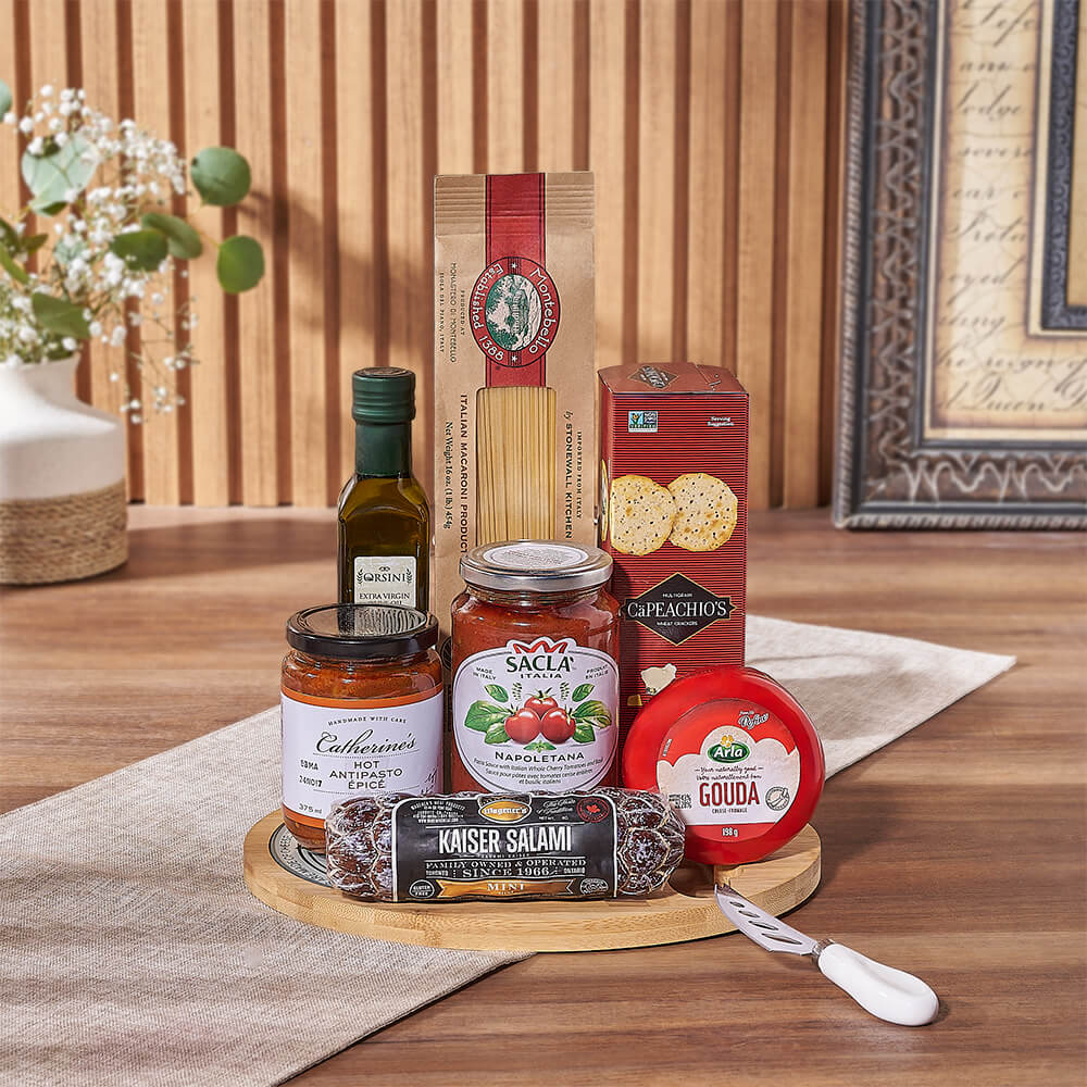 Glass and Bamboo Cheese Board Basket – how the gift is presented