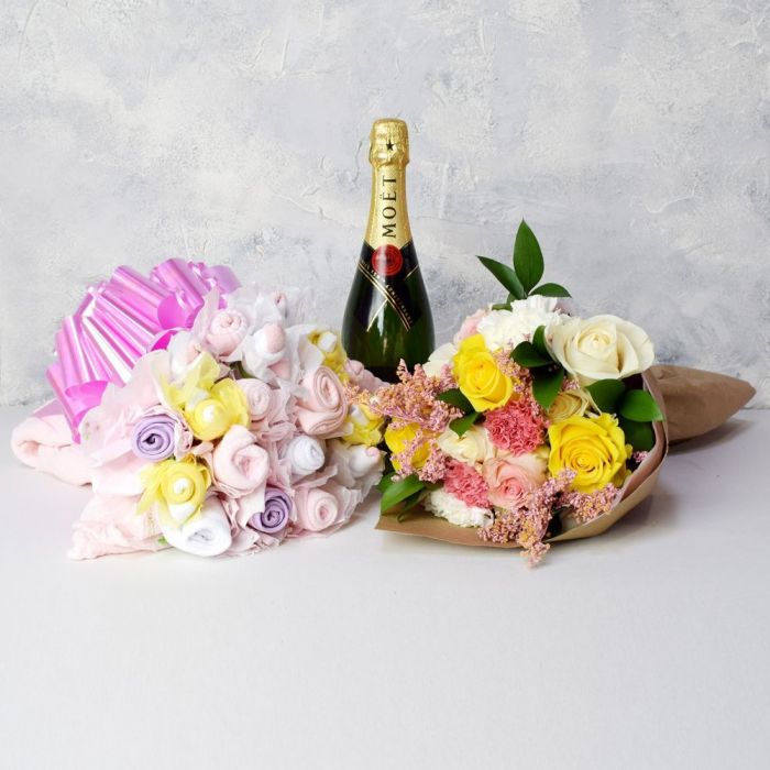 Baby Girl Bouquet Gift Set With Champagne from Rhode Island Baskets - Rhode Island Delivery