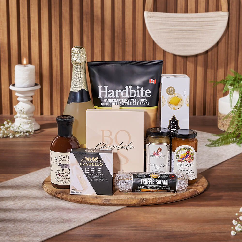 Gourmet Food and Sparkling Wine Basket – how the gift is presented