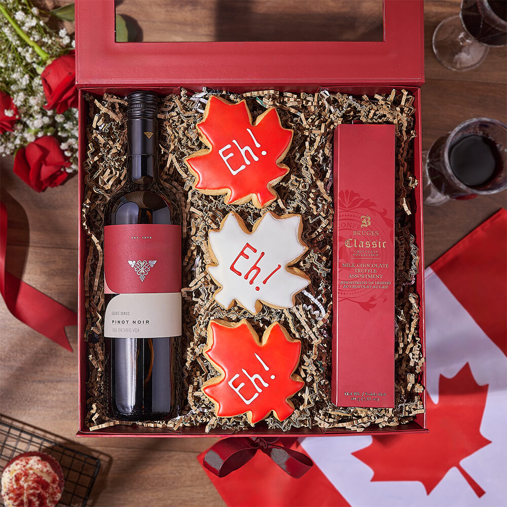 Canada Day Gift Box with Wine, Leaf Cookies, and Bruges Milk Truffles – how the gift is presented