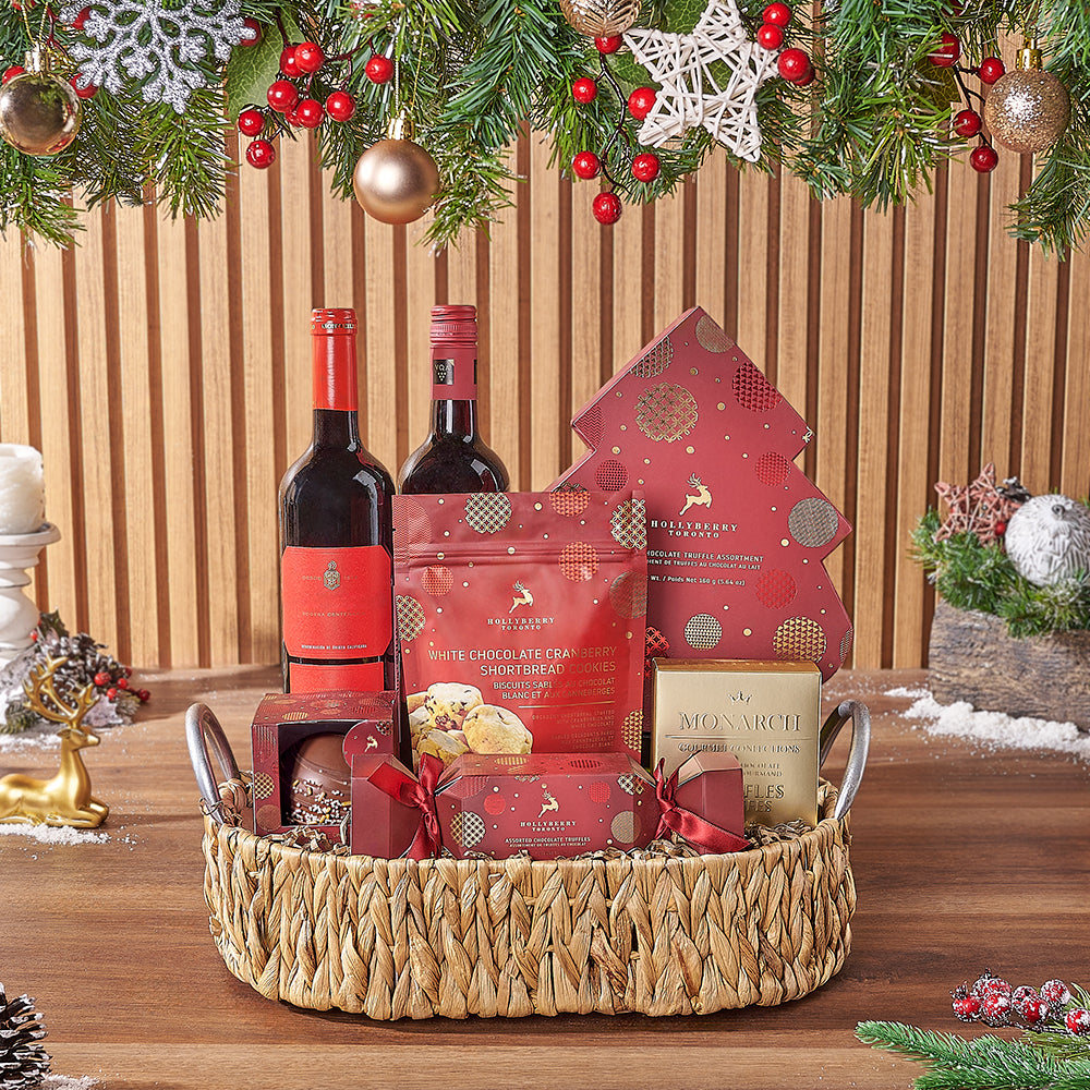 Oval Woven Basket Featuring Two Wines and Holiday Chocolate Assortment – how the gift is presented
