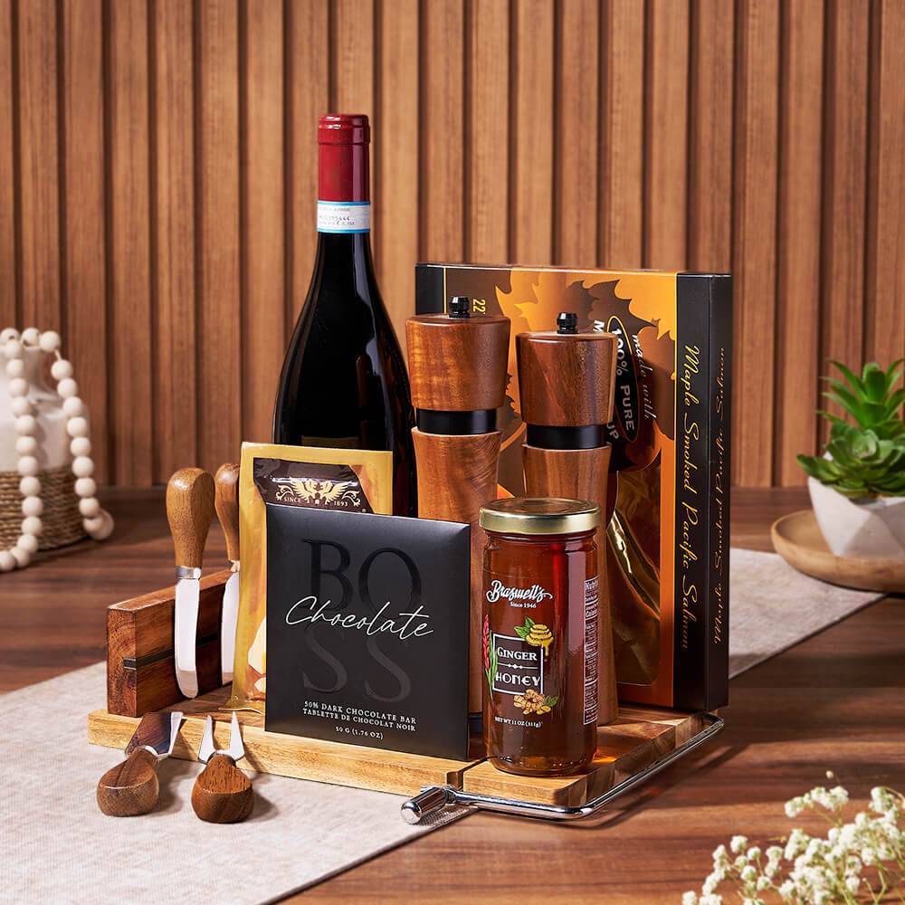 Gourmet Wine Gift Basket with Pacific Smoked Salmon and Dark Chocolate – how the gift is presented