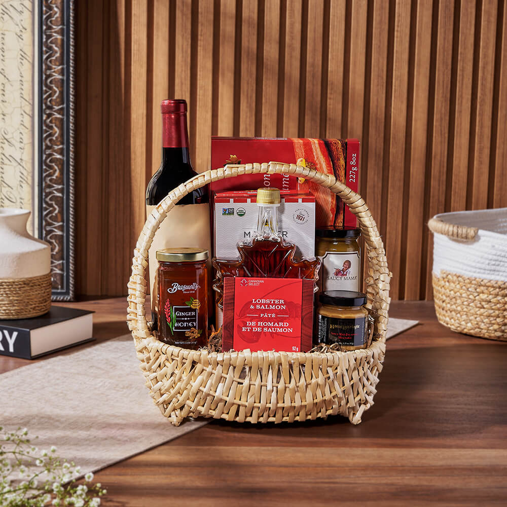 Wine Basket with Salmon and Snacks – how the gift is presented