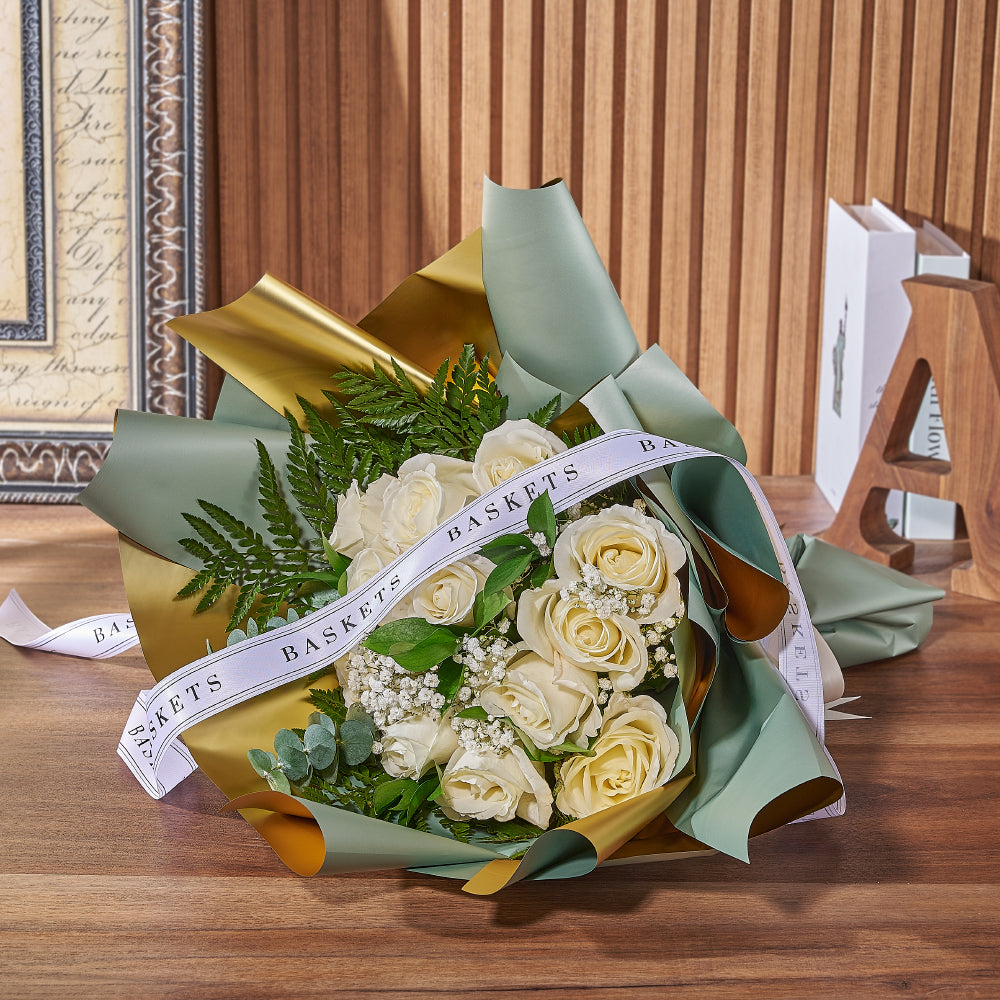 White Roses with Ruckus Bouquet – how the gift is presented