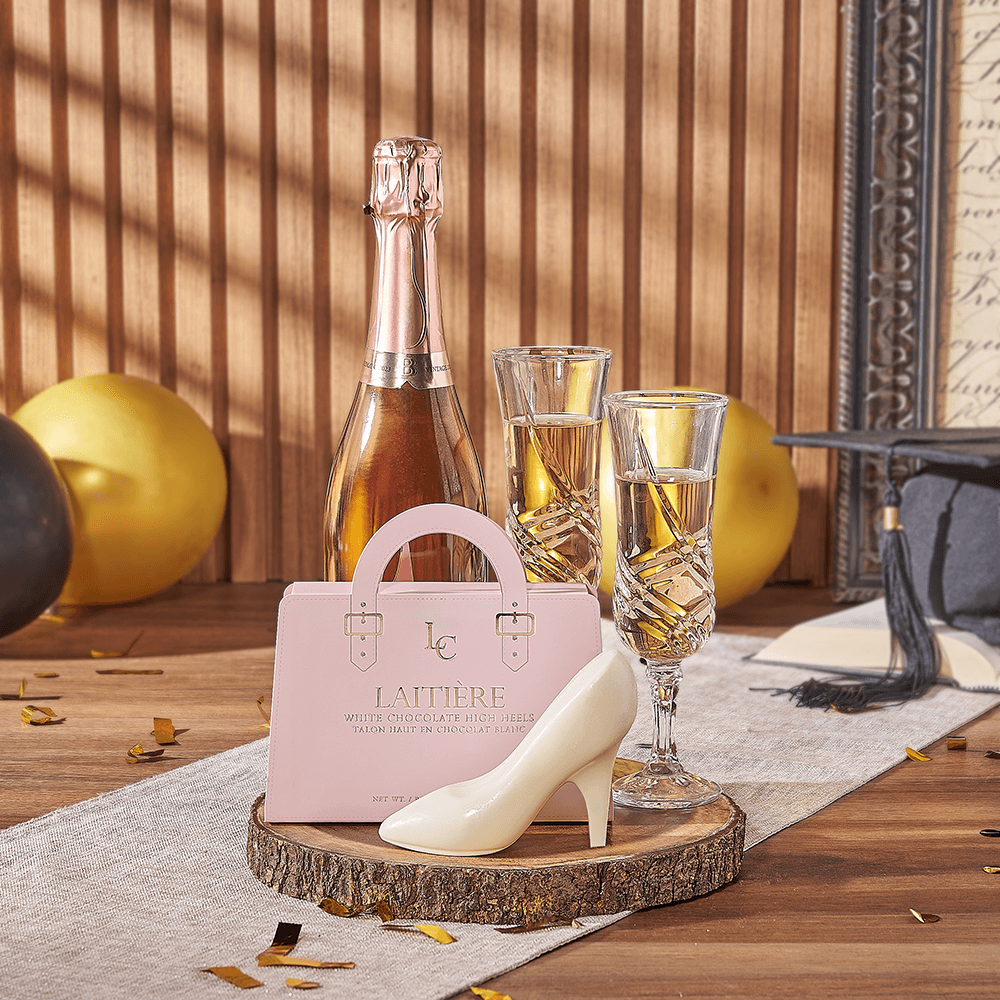 Sparkling Wine and Graduation Treat Basket – how the gift is presented