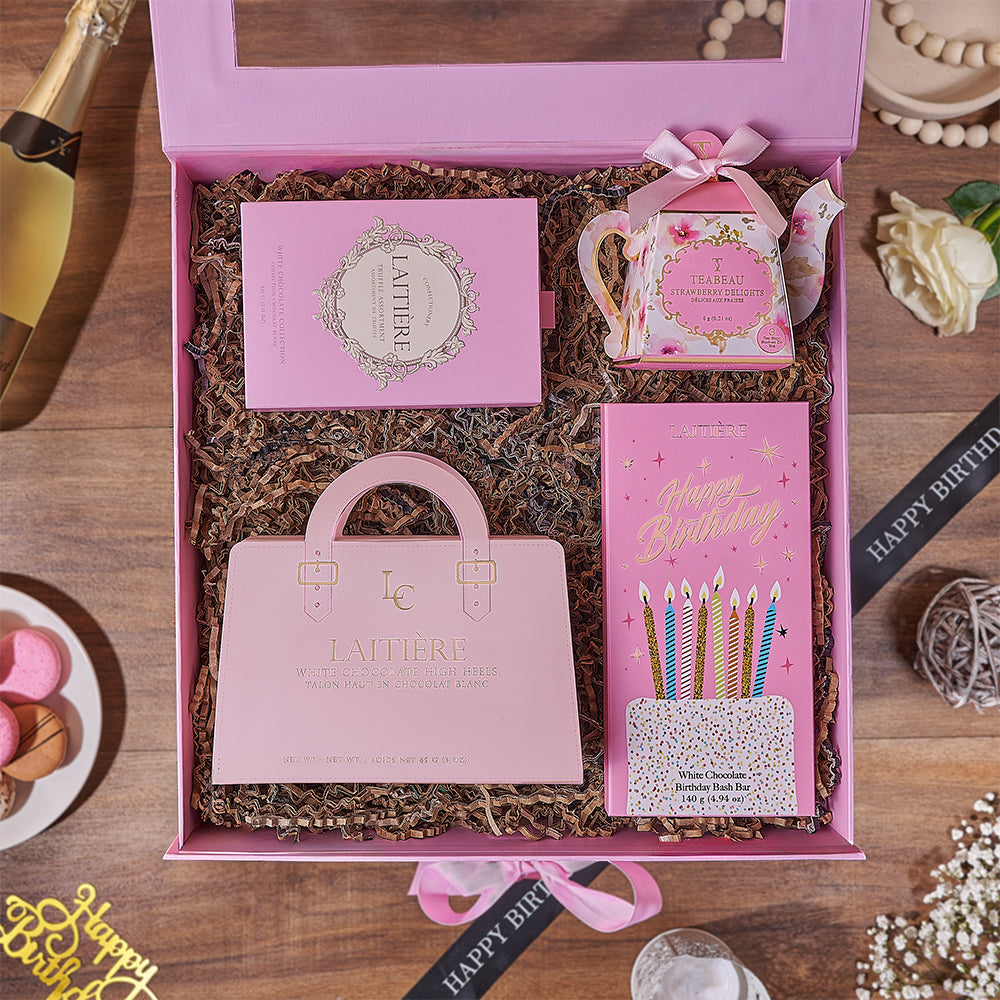 Deluxe White Chocolate Birthday Gift Basket – how the gift is presented