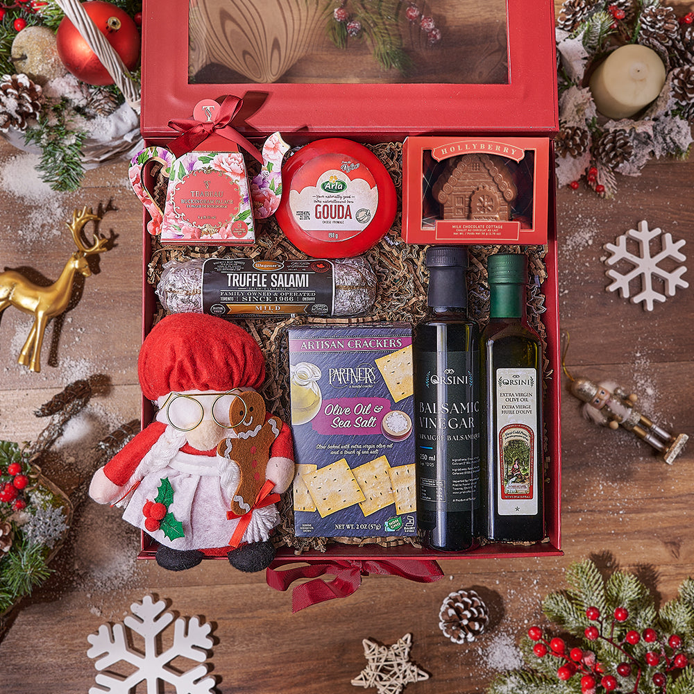Holiday Gourmet Snack Gift Basket with Cheese and Salami – how the gift is presented