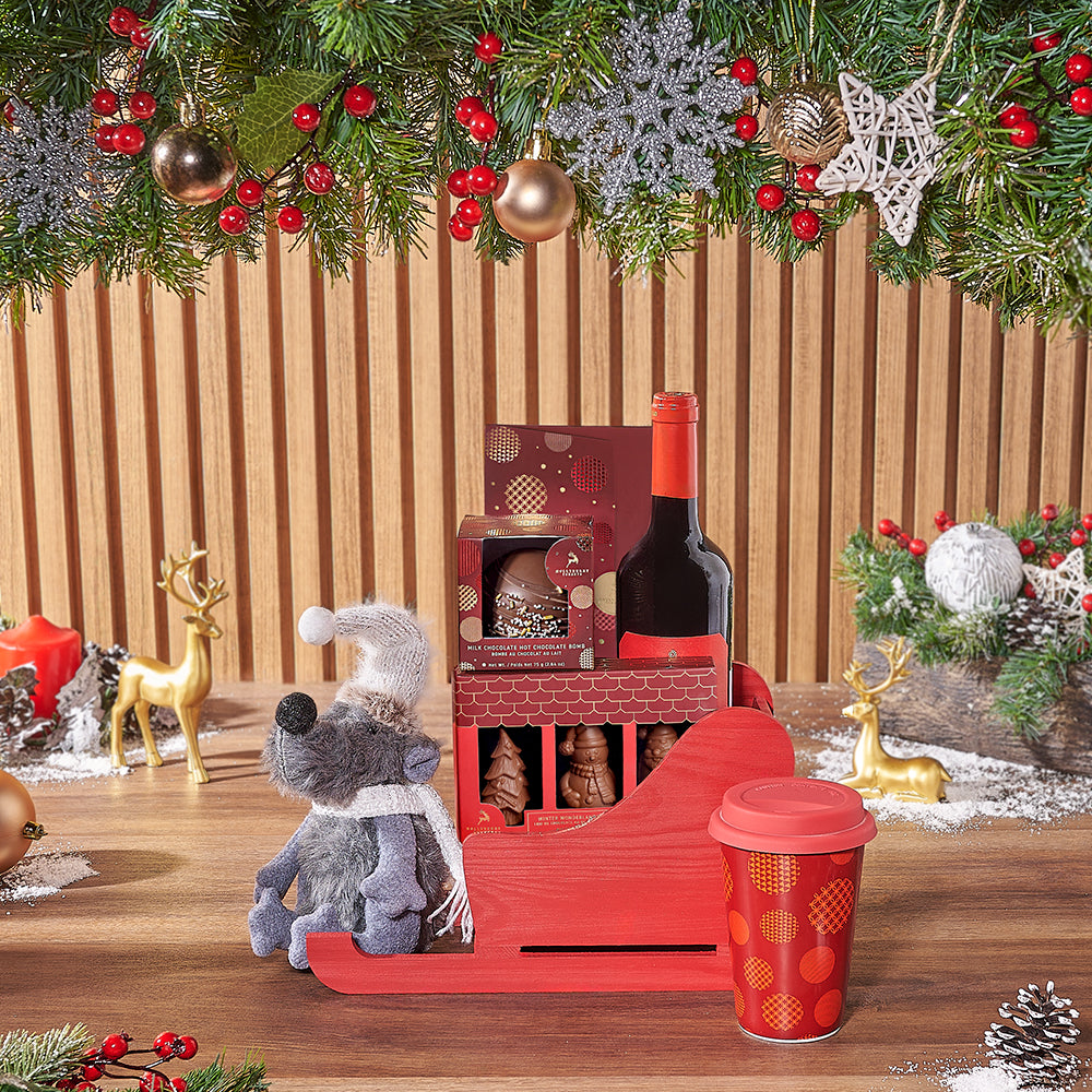 Festive Red Sled Wine Basket – how the gift is presented