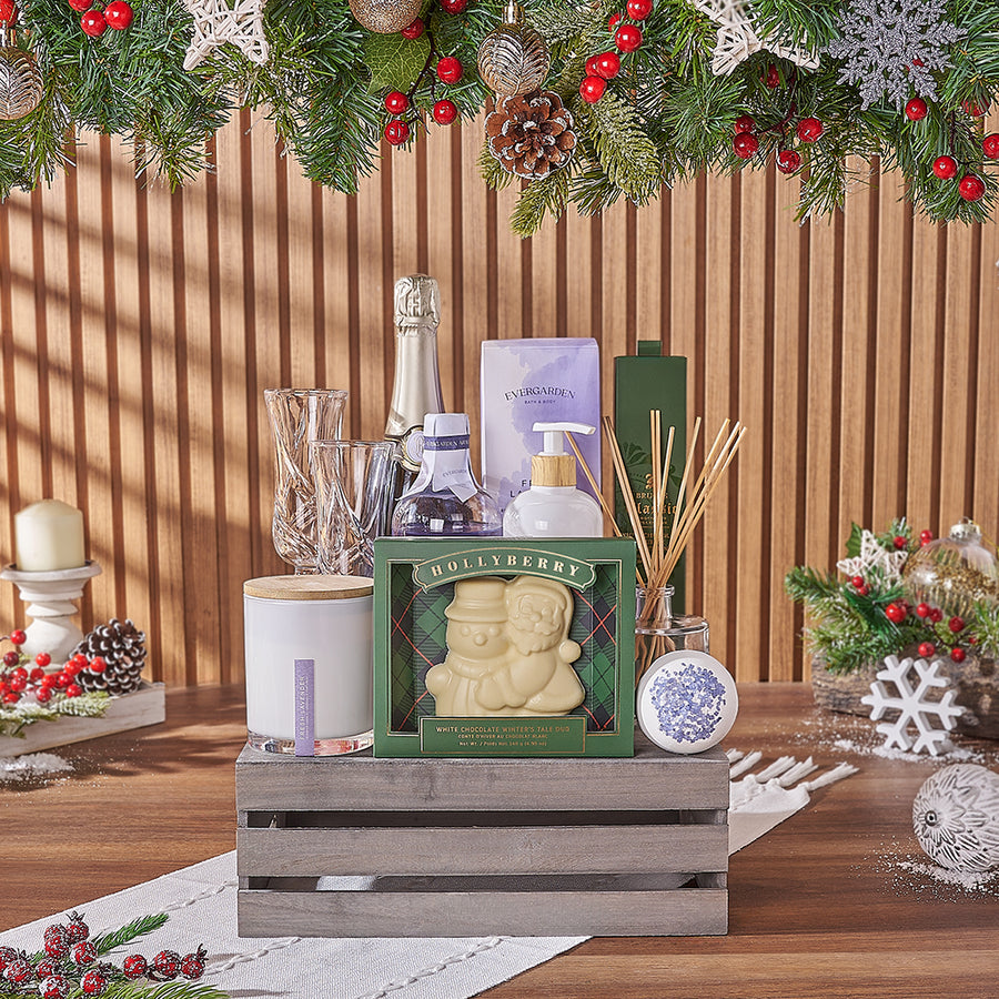 Joyful Champagne & Spa Gift Crate, Christmas gift, Christmas, champagne gift, champagne, sparkling wine gift, sparkling wine, chocolate gift, chocolate, Rhode Island delivery