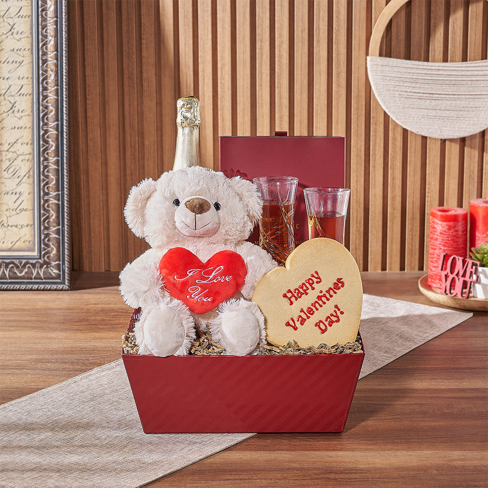 Deluxe Sparkling Wine Gift Basket with Valentine’s Chocolates and Bear – how the gift is presented
