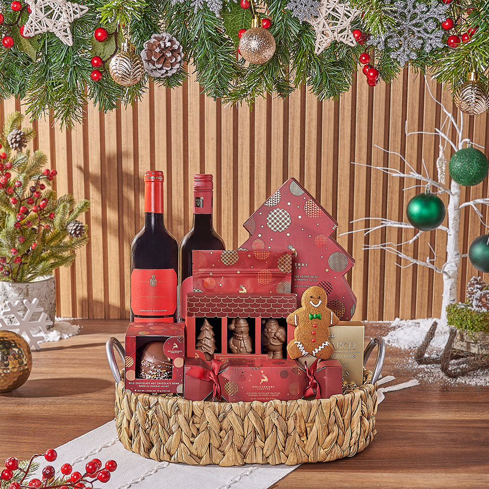 Holiday Two-Bottle Wine Gift Basket with Luxury Chocolates – how the gift is presented