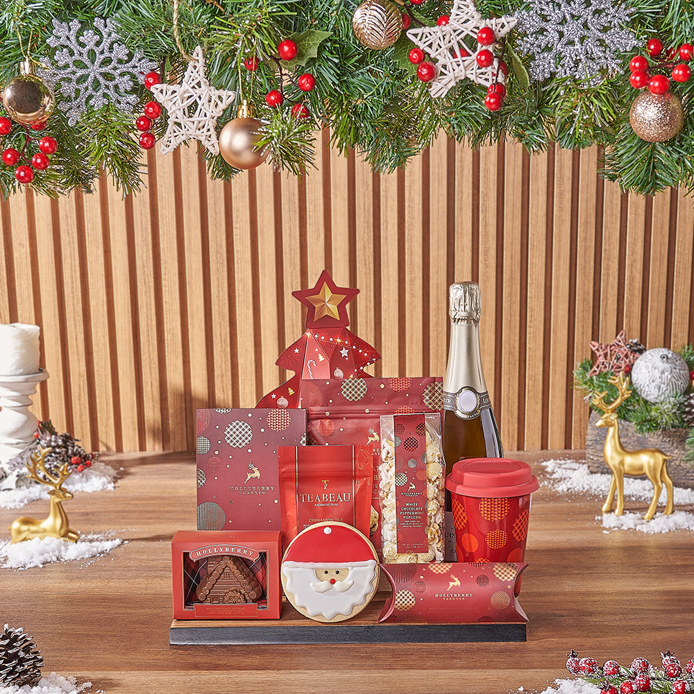 Chocolates and Sparkling Wine Holiday Basket – how the gift is presented