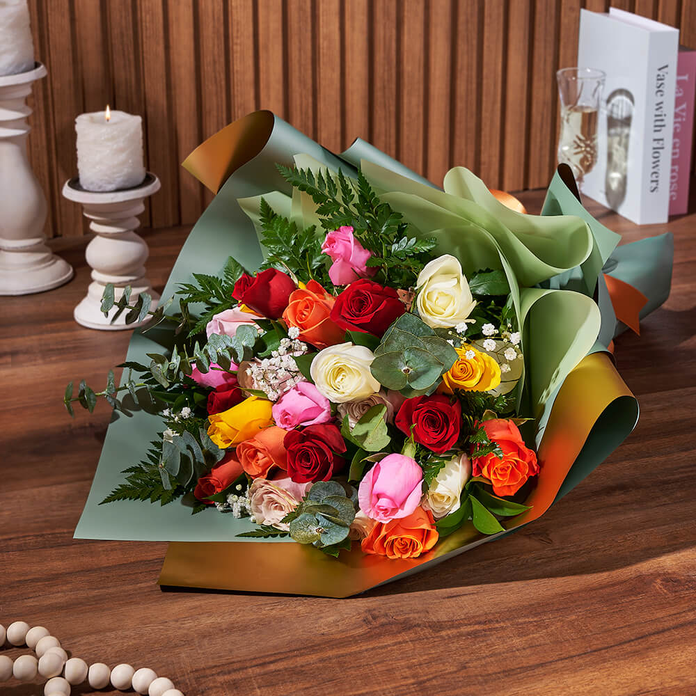 Baby's Breath and Multicolored Roses – how the gift is presented