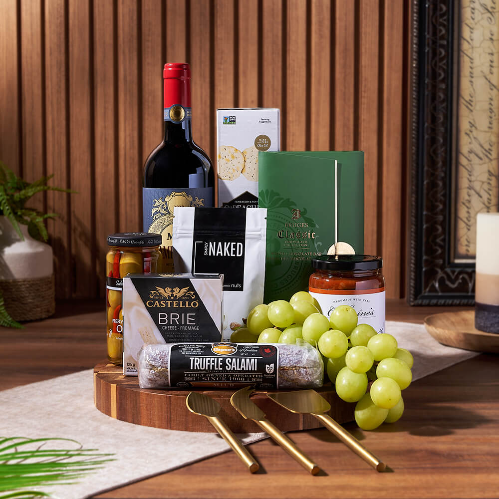 Premium Wine with Truffle Salami and Brie Cheese Gift Set – how the gift is presented