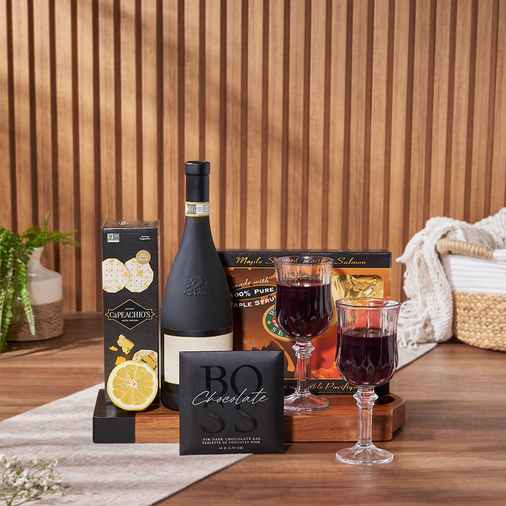 Wine Gift Basket with Acacia Wood Board, Smoked Salmon, and Artisan Chocolate – how the gift is presented