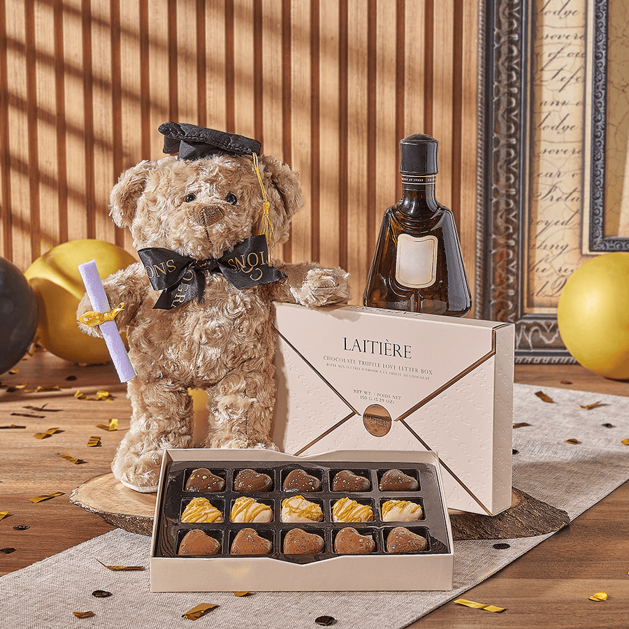 Spirits & Graduate Bear Gift, liquor gift, liquor, chocolate gift, chocolate, plush gift, plush, graduation gift, graduation, Rhode Island delivery