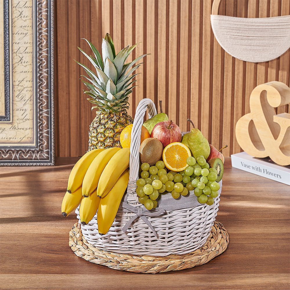 White Basket with Mixed Fresh Fruits – how the gift is presented