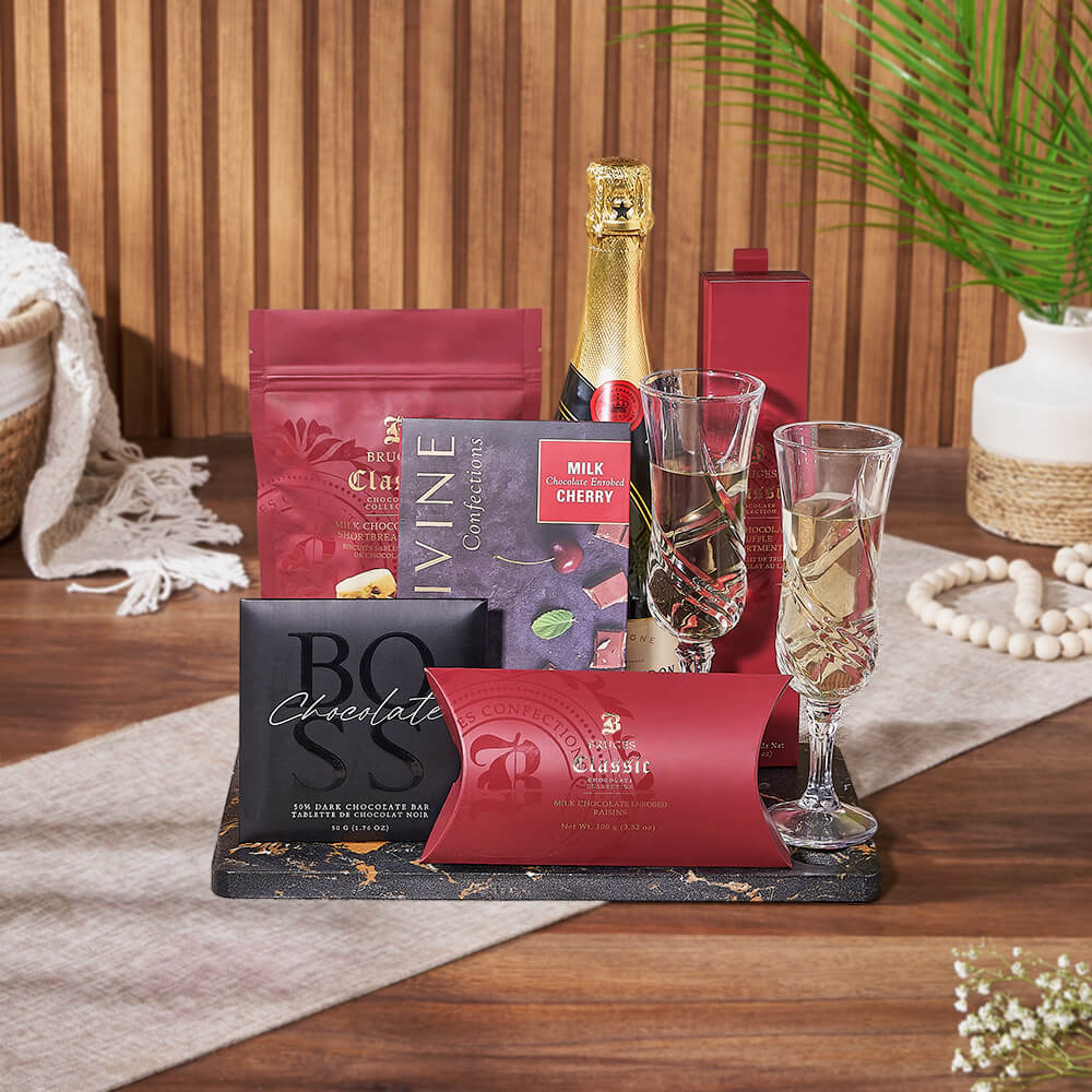 Sparkling Wine and Artisan Chocolate Gift Basket with Marble Board – how the gift is presented