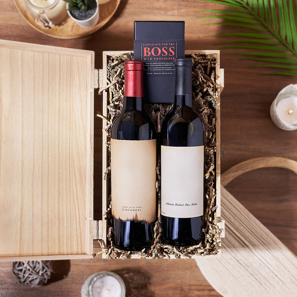 Wine Gift Duo in Wooden Crate – how the gift is presented