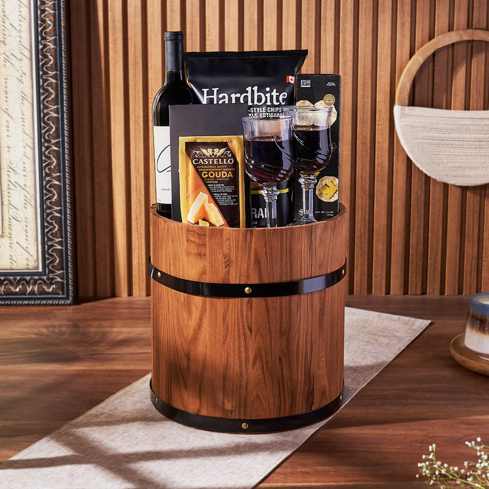 Wooden Half Barrel Wine Gift Basket Featuring Gouda Cheese and Coffee Beans – how the gift is presented