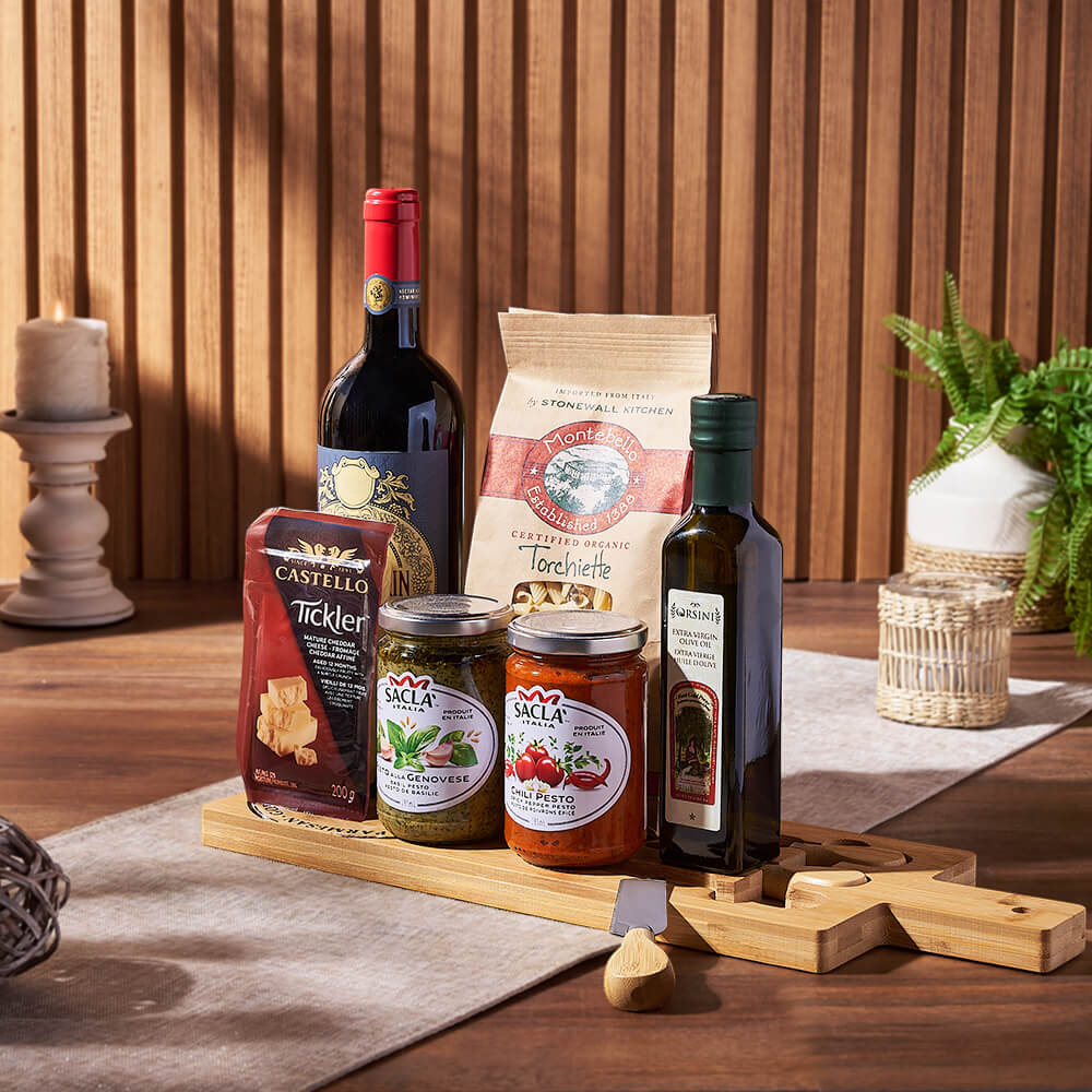Wine and Italian Pasta Gift Basket with Sauces, Cheddar, and Bamboo Cheese Board – how the gift is presented