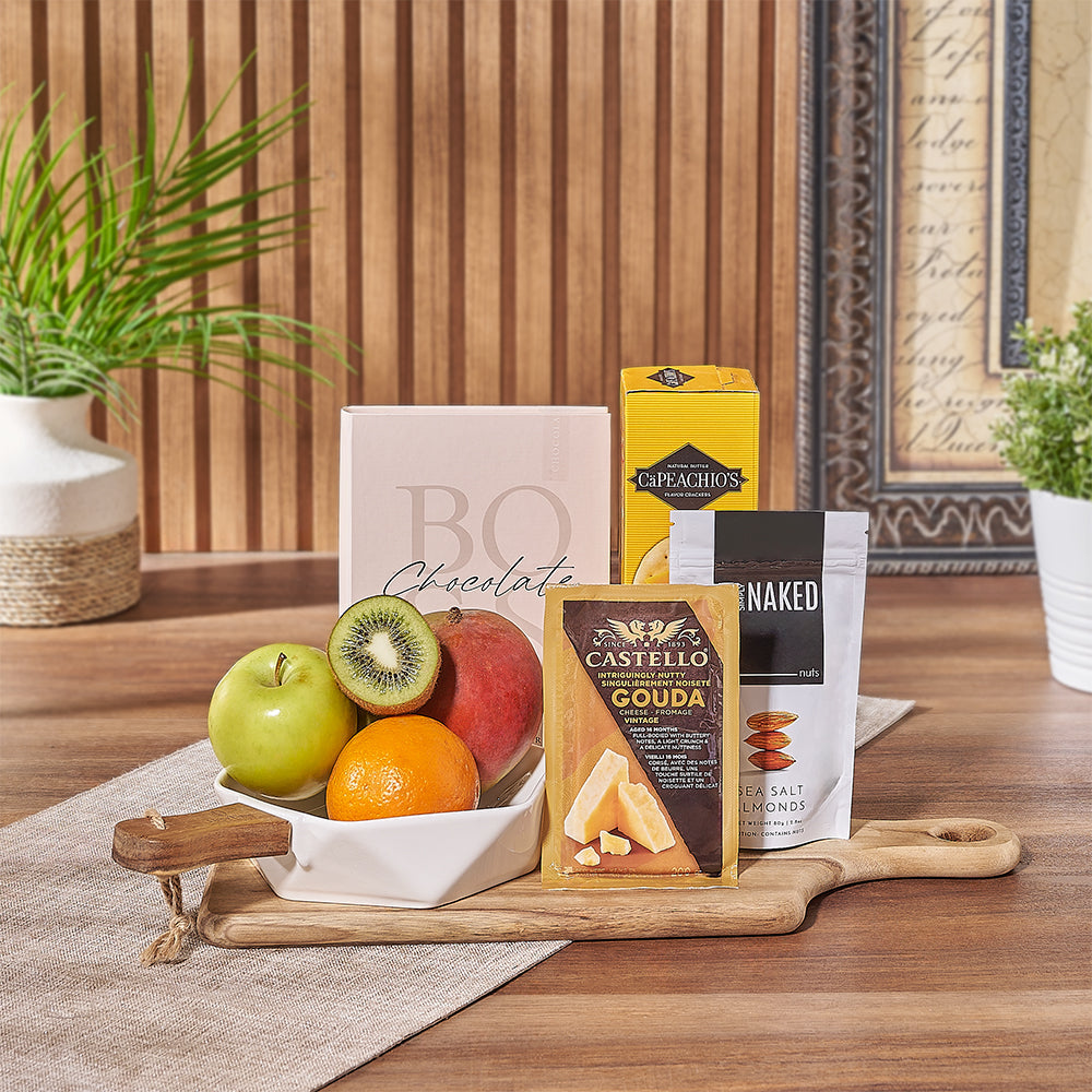 Enjoy a stunning selection of fresh fruit and delicious snacks with the Fresh &amp; Fruity Gift Basket - Rhode Island Baskets - Rhode Island Delivery