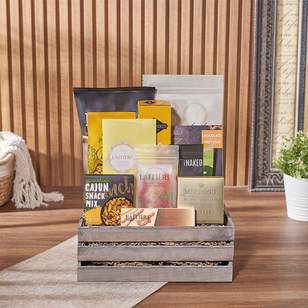 Assorted Snack Basket in Wooden Crate – how the gift is presented