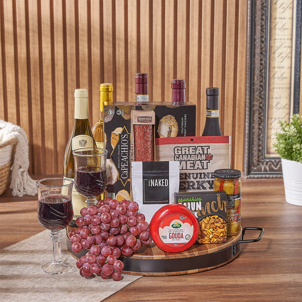 Elegant Gourmet Gift Basket with Wine and Wood Serving Board – how the gift is presented