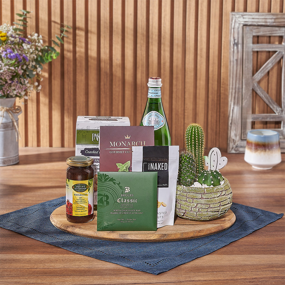 Kosher Gourmet Gift Basket with Cactus Planter and Teak Serving Board – how the gift is presented