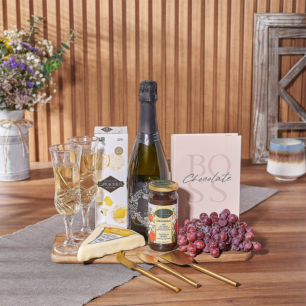 Sparkling Wine Gift Basket Featuring Kosher Snacks and Acacia Cheese Board – gift basket with kosher bottle of sparkling wine, boss milk chocolate