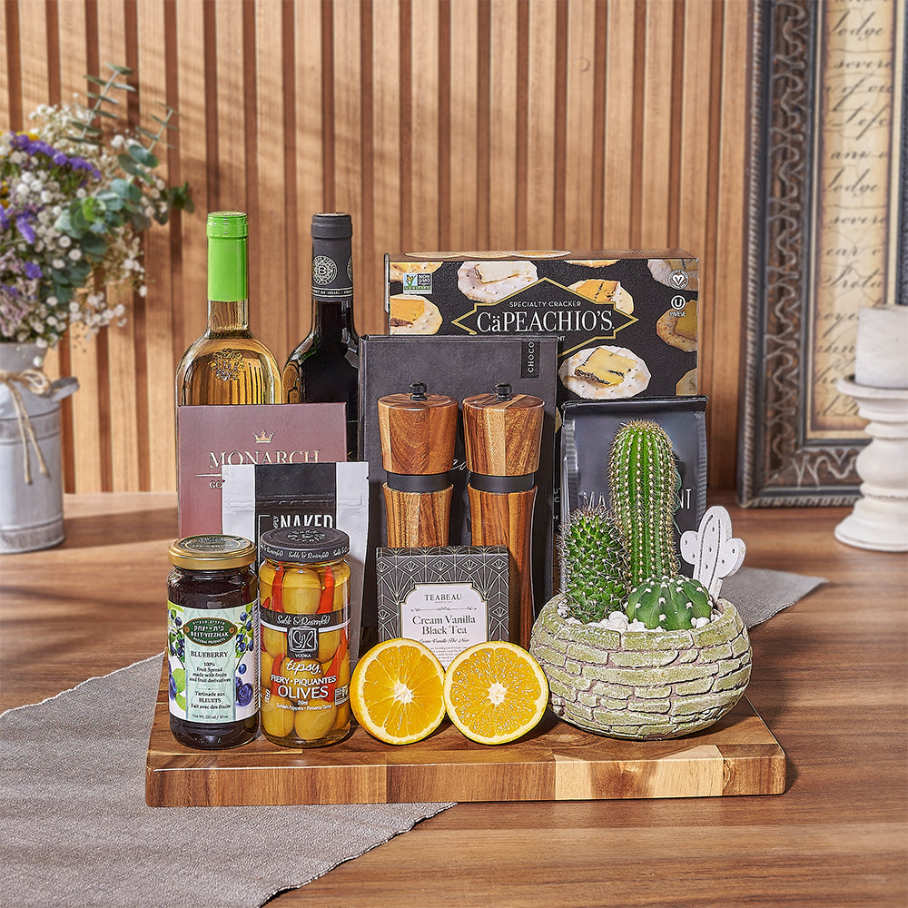 Premium Kosher Wine Gift Basket Featuring Artisan Snacks and Cutting Board – how the gift is presented
