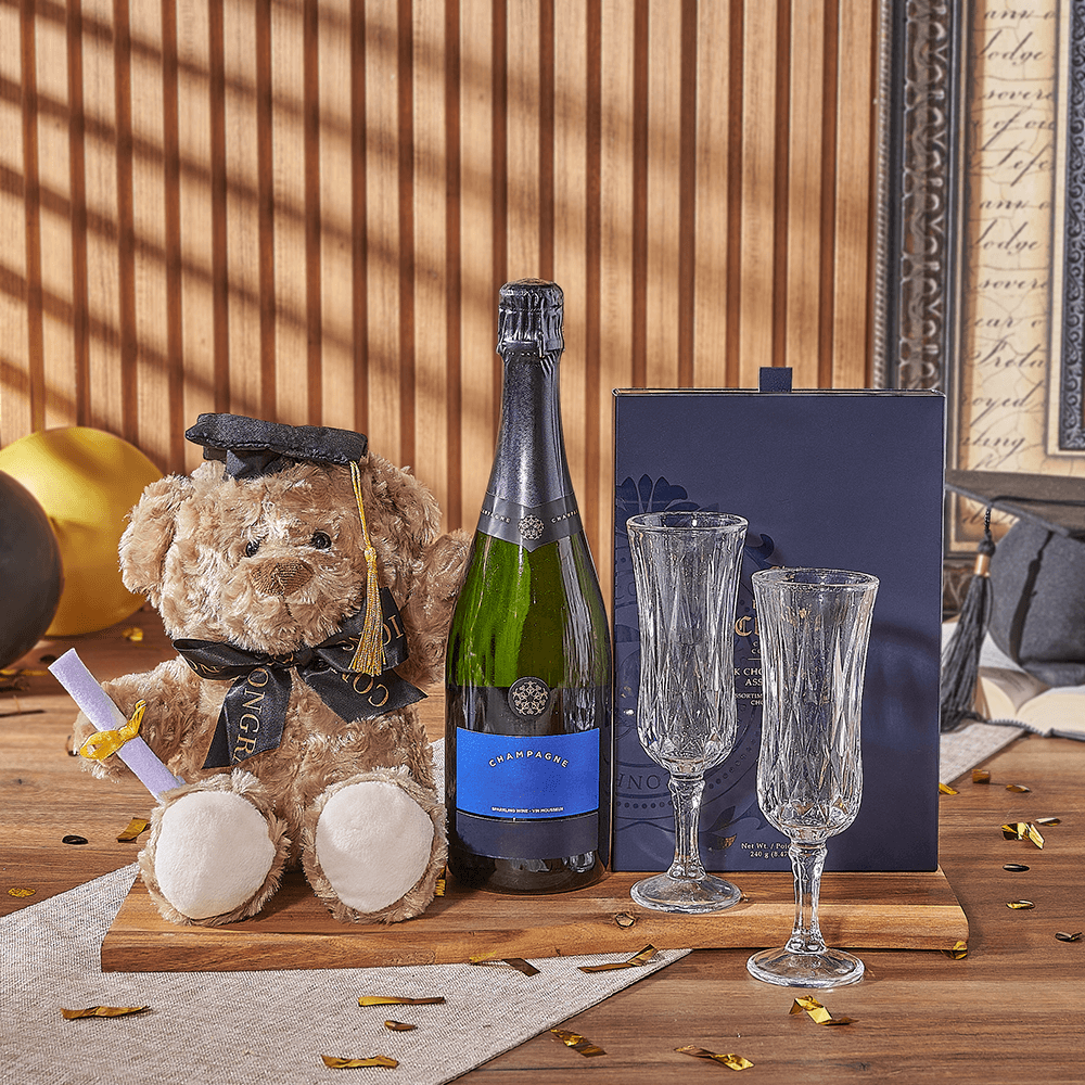 Sparkling Wine Celebration Gift Basket Featuring Truffles and Graduation Bear – how the gift is presented
