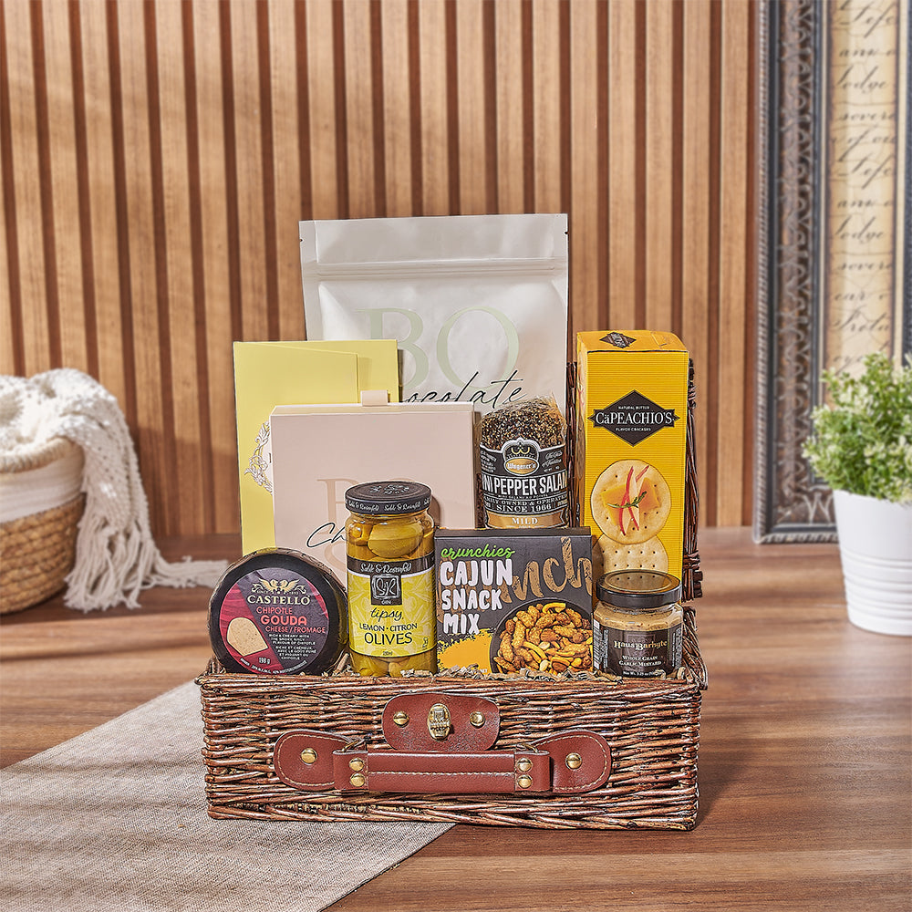 Assorted Chocolates and Savory Treats Basket – how the gift is presented