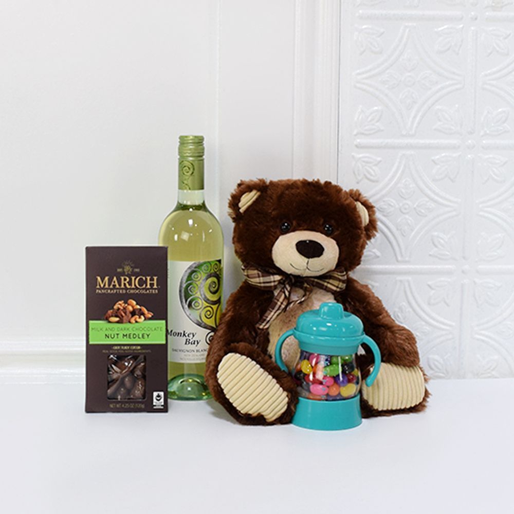 Wine Gift Basket Featuring Marich Chocolate Nut Medley and Baby Bear – how the gift is presented