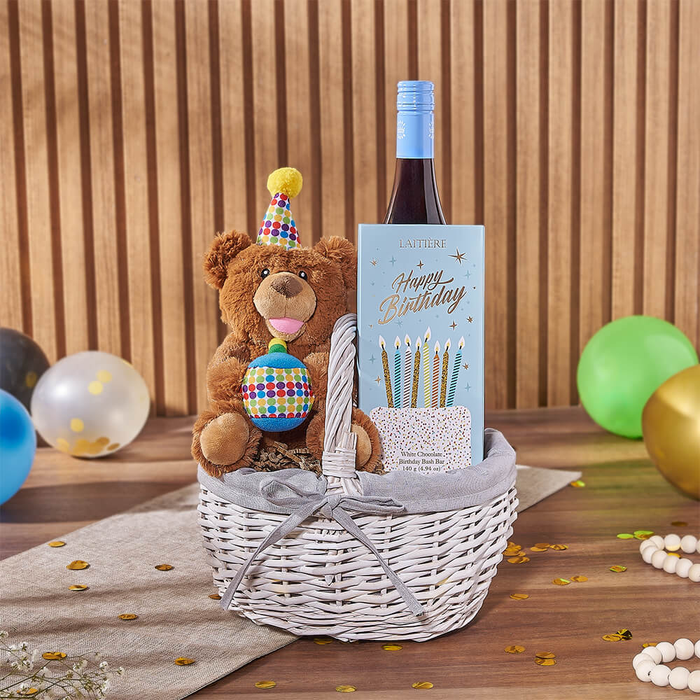 Birthday Wine &amp; Bear Gift Basket, wine gift, wine, birthday gift, birthday, chocolate gift, chocolate, Rhode Island delivery