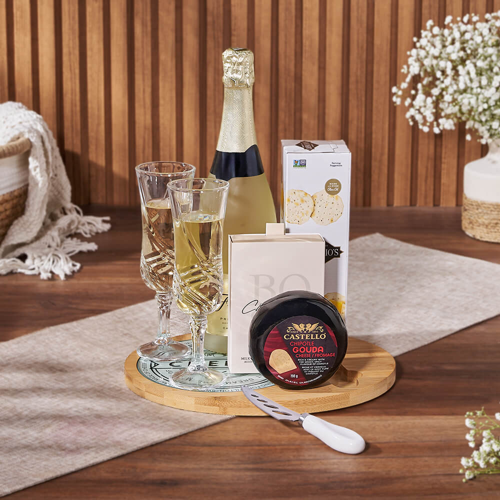 Bubble &amp; Cheese Please Champagne Gift Basket, sparkling wine gift, sparkling wine, cheese gift, cheese, champagne gift, champagne, Rhode Island Baskets delivery
