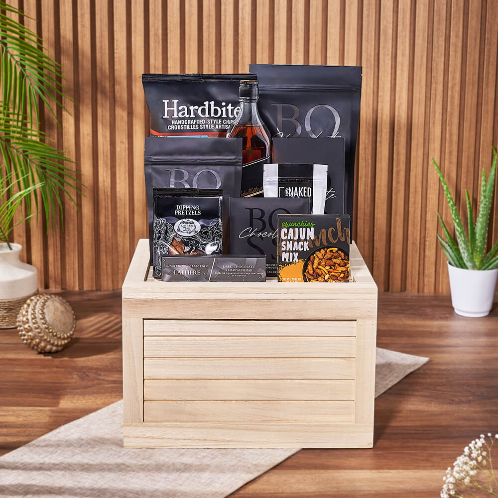 Carleton Liquor &amp; Snack Crate, liquor gift, liquor, snack gift, snack, chocolate gift, chocolate, Rhode Island Baskets delivery