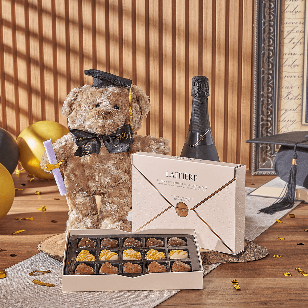 Champagne &amp; Graduate Bear, champagne gift, champagne, sparkling wine gift, sparkling wine, graduation gift, graduation, chocolate gift, chocolate, Rhode Island delivery