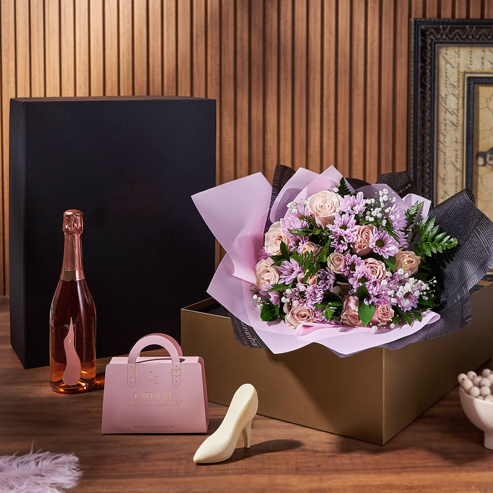 Champagne &amp; Mixed Rose Gift Set, sparkling wine gift, sparkling wine, rose gift, rose, flower gift, flowers, floral gift basket, floral gift, Rhode Island delivery