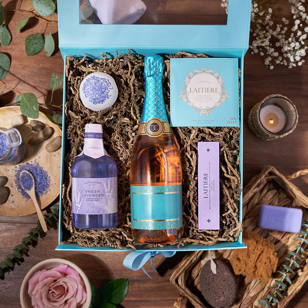 Champagne &amp; Spa Perfections, spa gift, spa, bath &amp; body gift, bath &amp; body, champagne gift, champagne, sparkling wine gift, sparkling wine, Rhode Island delivery