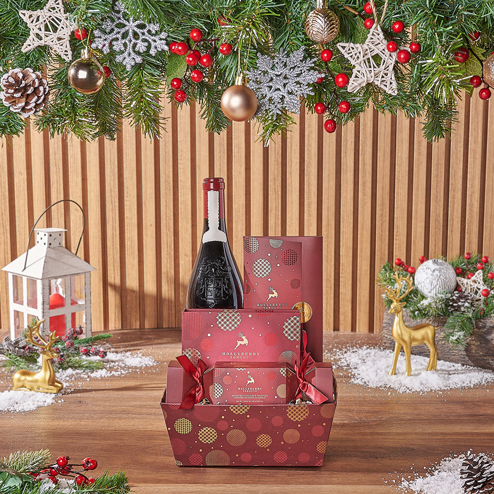 Bright Holiday Wine Basket with Truffles and Chocolate Bar – how the gift is presented
