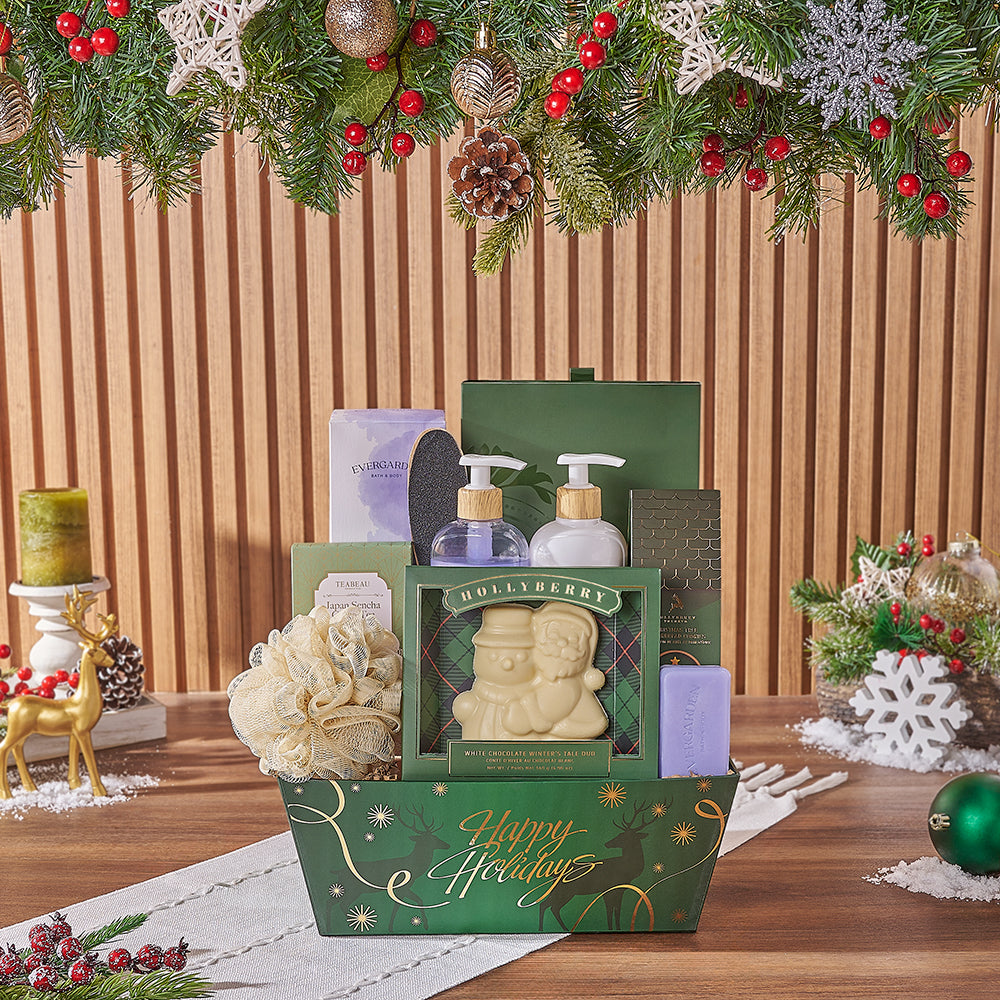 Holiday Gourmet Basket with Spa Treats – how the gift is presented