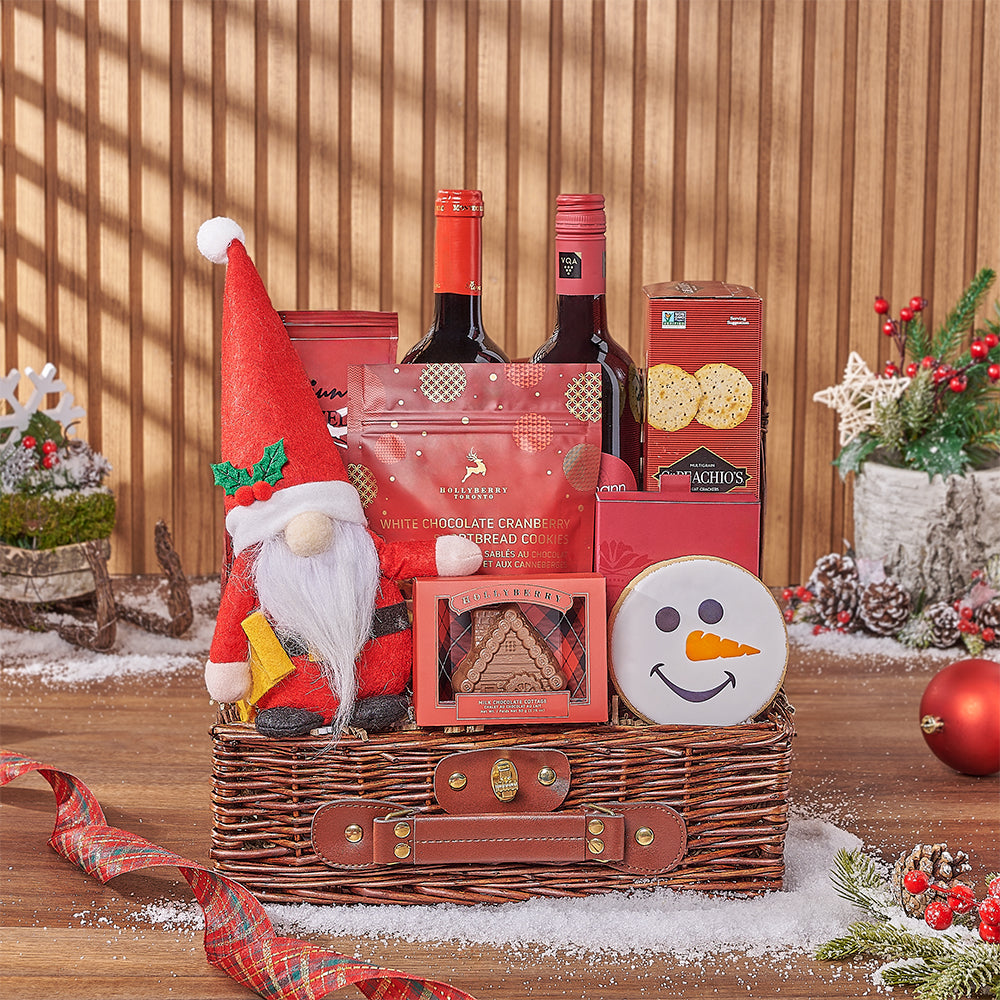 Christmas Wine Gift Basket with Assorted Gourmet Snacks – how the gift is presented