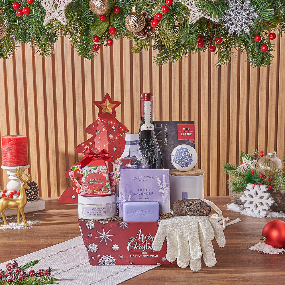 Christmas Wine & Spa Gift Set, wine gift, wine, spa gift, spa, chocolate gift, chocolate, tea gift, tea, Rhode Island delivery