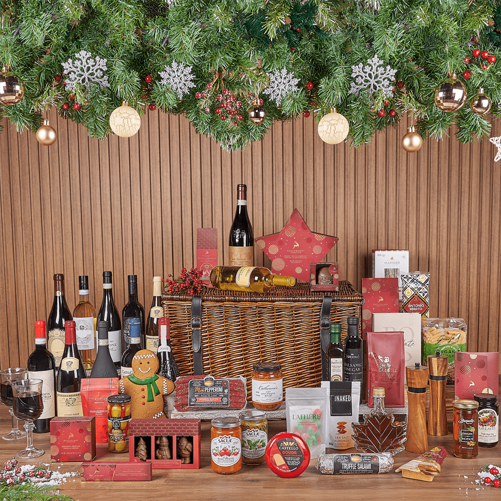 Christmas Wine &amp; Treat Extravaganza Basket, christmas gift, christmas, wine gift, wine, chocolate gift, chocolate, Rhode Island delivery