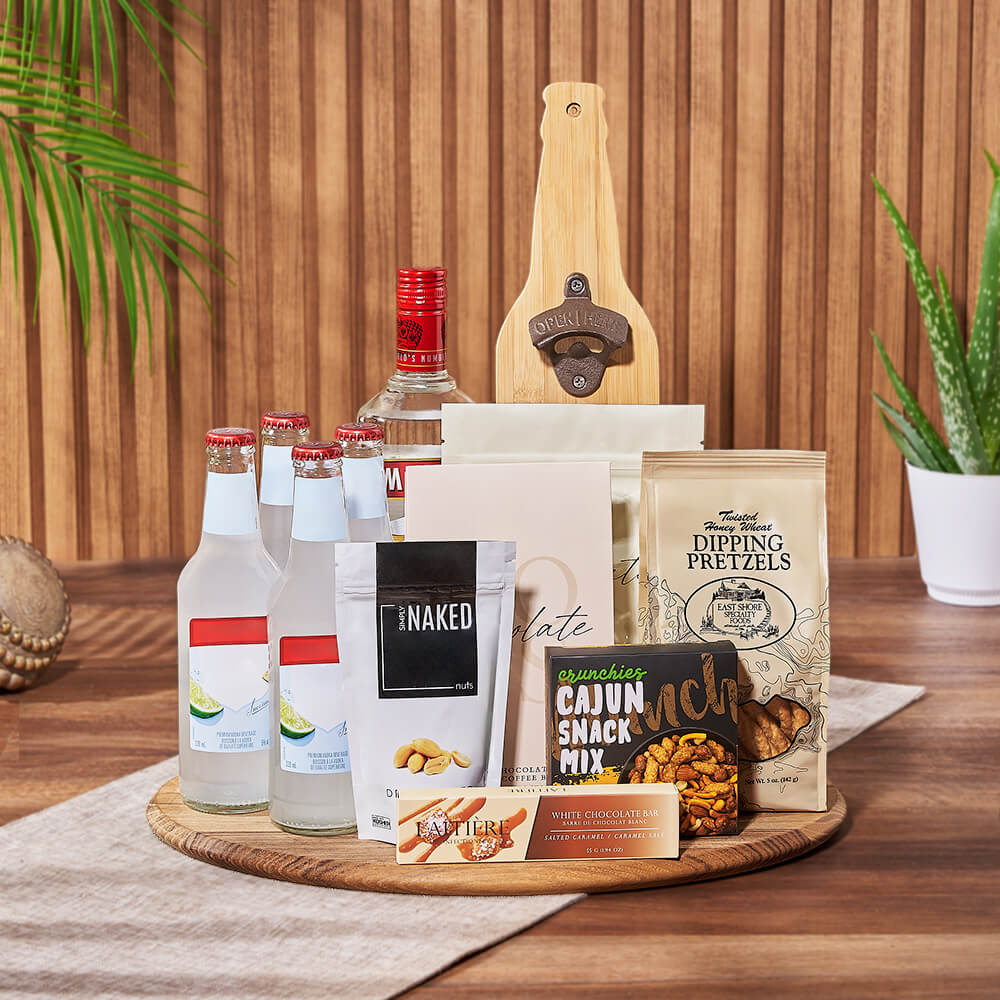 Coolers &amp; Crunch Liquor Basket, liquor gift, liquor, chocolate gift, chocolate, Rhode Island delivery