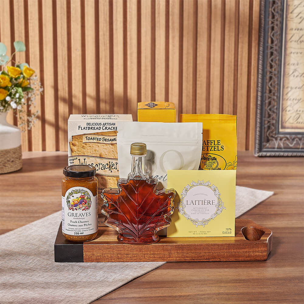 Rustic Gourmet Snack Platter with Dark Wood Serving Board – how the gift is presented